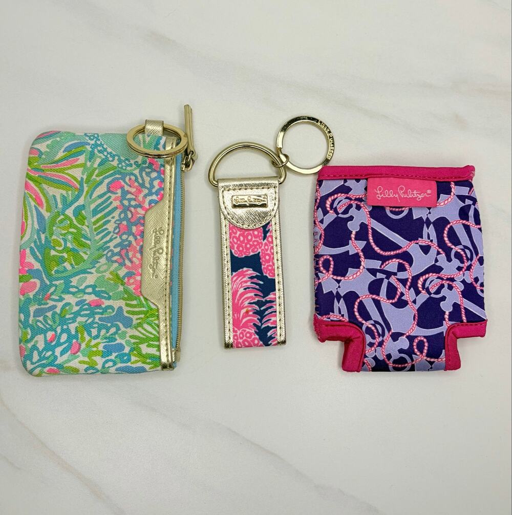 Lilly Pulitzer 3pc Accessory Lot ID Case Wallet Key Fob Can Cooler Coozie Floral
